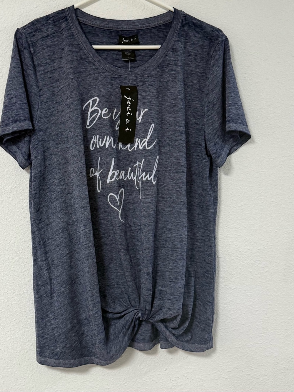 Joci & J. Navy Short Sleeve Knot Front Tee with Script